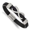 Stainless Steel Brushed Black Leather Infinity Sign Bracelet 8 Inch Cord Leatrubber