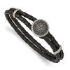 Stainless Steel Brushed Lasered Compass Black Leather 8.5 Inch Bracelet Cord Leatrubber
